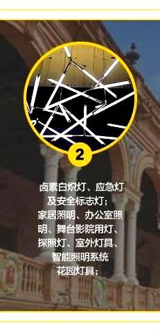 卤素白炽灯、应急灯及安全标志灯;家居照明、办公室照明、舞台影院用灯、探照灯、智能照明系统室外灯具、花园灯具;